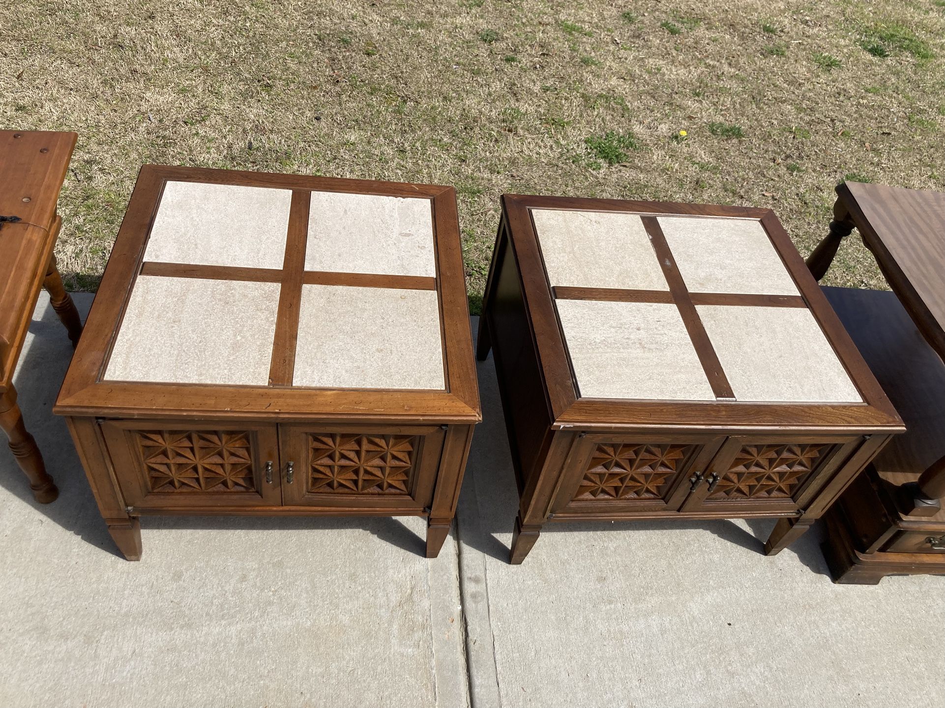 Wood and Stone End Table Set of 2