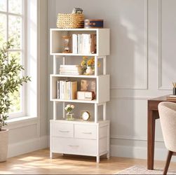 Brand New 7-Tier Geometric Bookshelf with Fabric Drawers - Modern White Bookcase