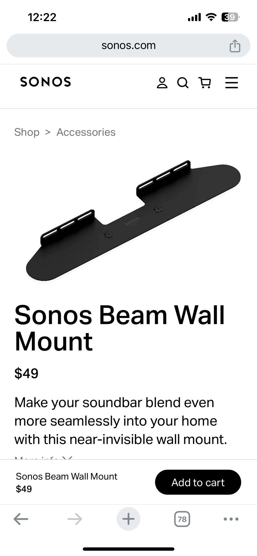 Sonos Wall Mount for Sonos Beam Soundbar 
