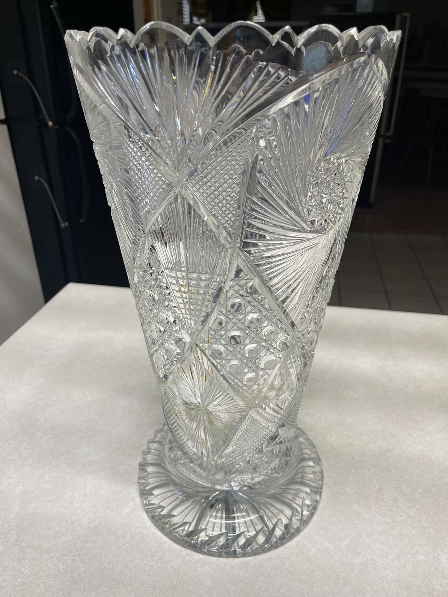 Antique American Brilliant Large Flower Vase ABP Crystal Cut Vase