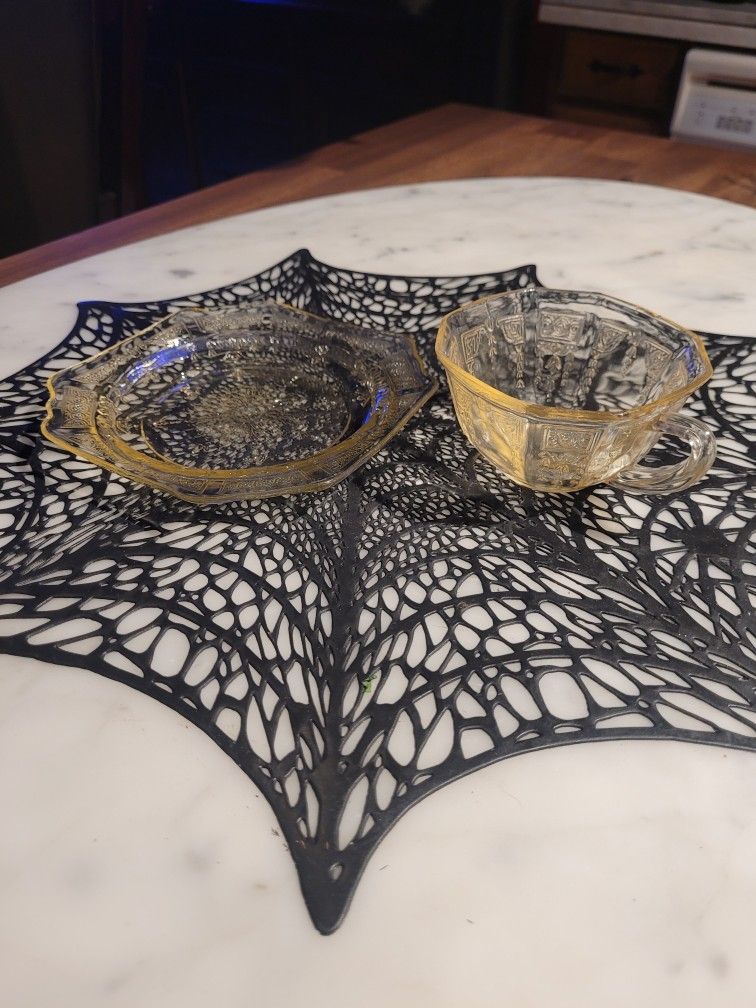 Vintage Vaseline Glass Tea Cup And Plate