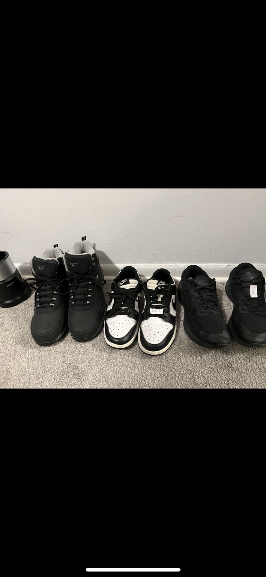 Men Size 11 (Black & White Nike’s $65) (Nikes Plain Black $55) (Reebok Waterproof Boots Very Warm Worn Once!$65) (All Three For $150.00)Very👇🏽
