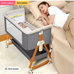 3 in 1 Bassinet Bedside Sleeper, Bedside Crib with Wheels, Mosquito Net, Mattress, 6 Height Adjustable Baby Bed for Infant Newborn (Grey)