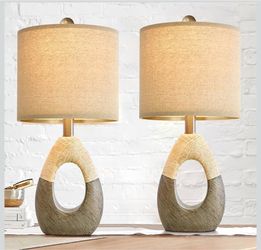 New Set of 2 Small 19” Boho Table Lamps, Farmhouse Rattan Lamp