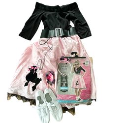 50’s Sock Hopper Costume Poodle Skirt Womens S Small Juniors Kids 14 16 w/ Shoes Top Belt Scarf