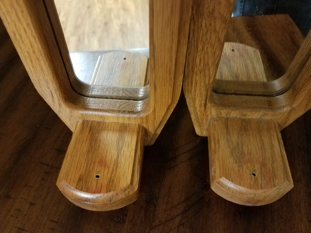 2 Vintage Solid Oak Wood Sconce Candle Holders With Mirrors