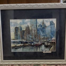 Watercolor New York Harbor Painting By Rouston Nour