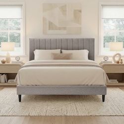 King size Gray Wood Tufted Bed Frame with Headboard