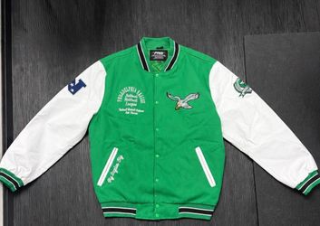 Philadelphia Eagles Green and White NFL Varsity Jacket, Size 2XL