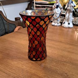 Mosaic Red & Gold Mirrored Vase/Candle Holder 7"H