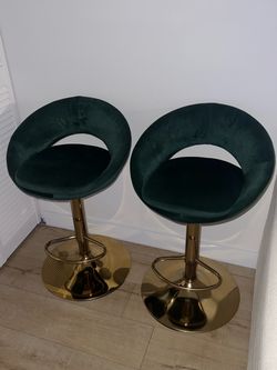 Set of 2 Green Velvet & Gold Bar Stools