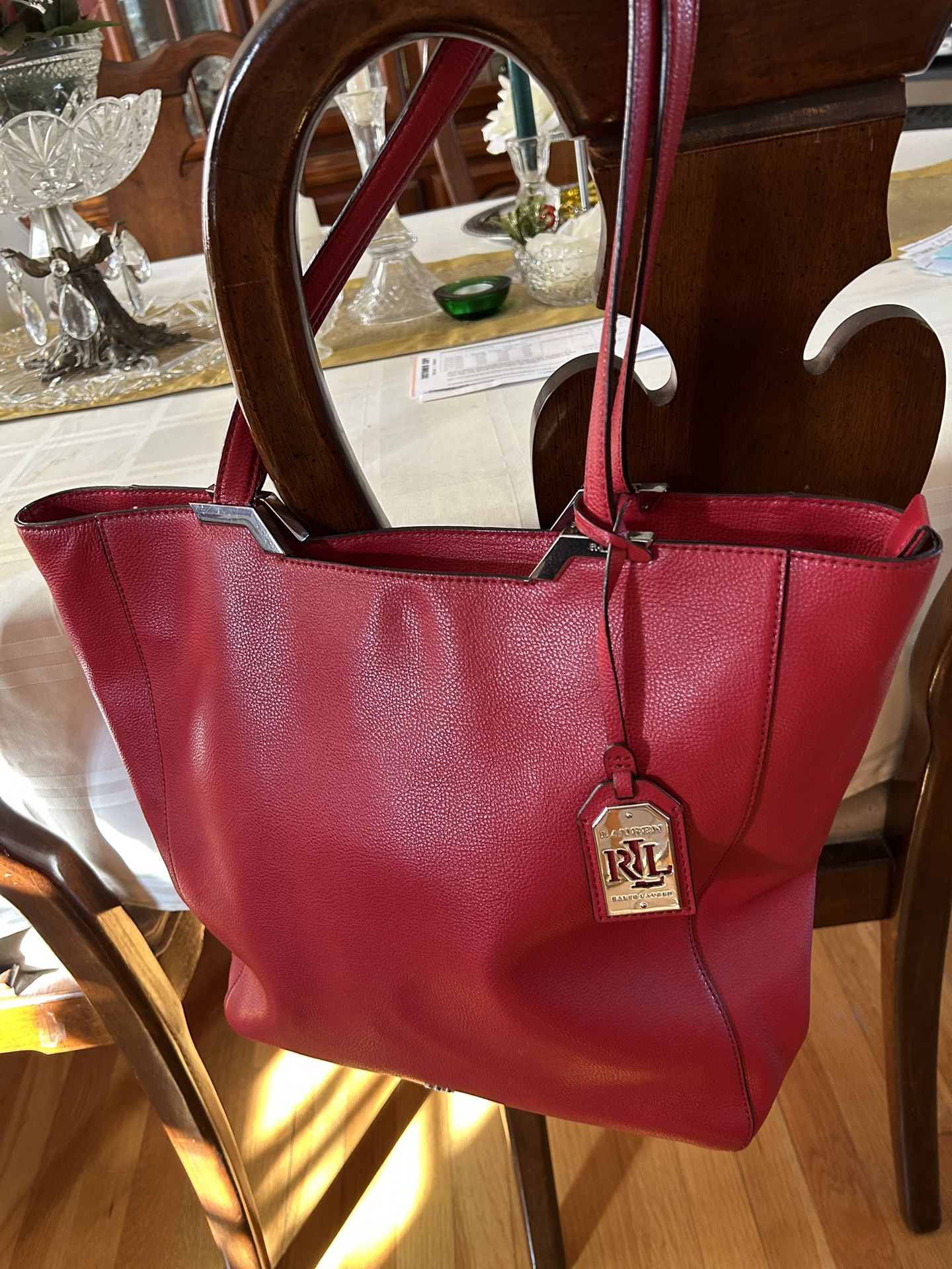Ralph Lauren Red Cow Leather Tote Bag With Logo Large Bag