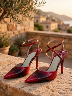 Italian Design Red Ombre Patent Ankle Strap Pumps Pointed Toe Stiletto Pre-Owned