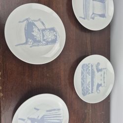 Vintage Dessert Plates With Furniture On Them Blue And White 