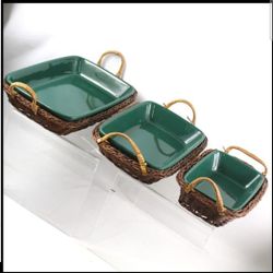 Set of 3 Green Casserole Dishes Pans with Baskets Dishwasher Microwave Oven Safe