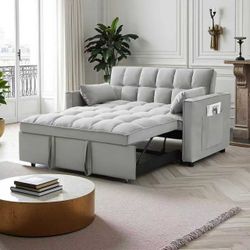 Brand New 54" 3 in 1 Convertible Sleeper Sofa Bed, Pull Out Loveseat Couch with Storage Pocket, Gray