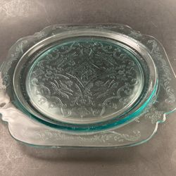 VTG Embossed Etched Depression Glass Madrid Green Hue Plate/Serving Tray By FEDERAL GLASS