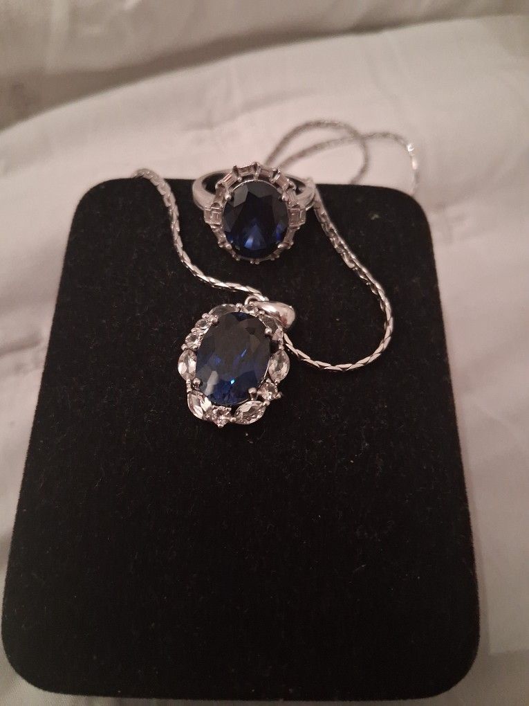 Sterling Silver Blue Sapphire With Baguettes.