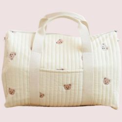 Cozy Quilted Organiser Diaper Bag with Bear Pattern, Large Capacity Travel Tote, Cream 