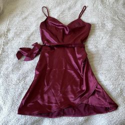 Bailey Blue Burgundy Maroon Satin Cowl Neck Wrap Mini Dress with Belt