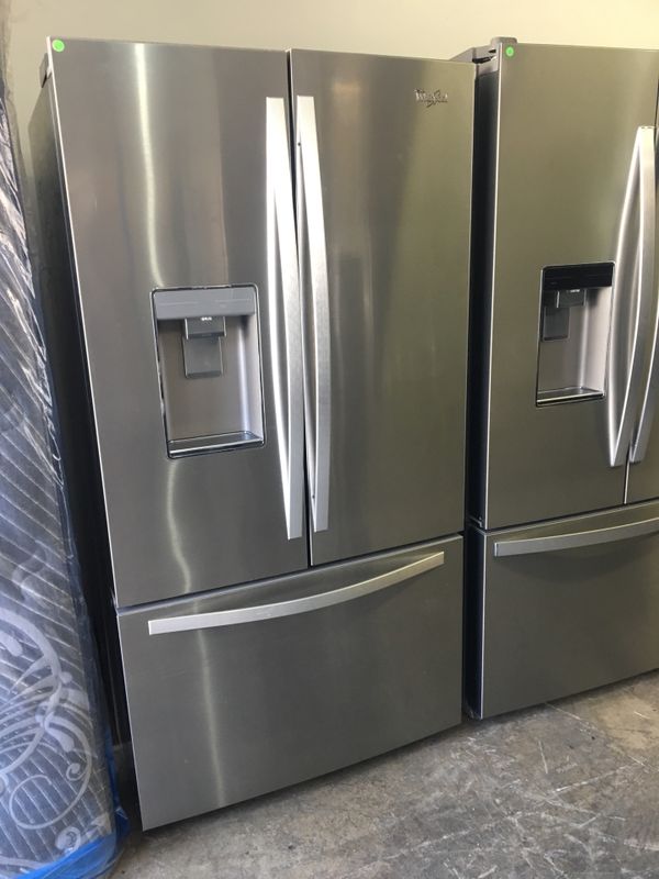 whirlpool stainless steel 3 door fridge within ice maker outside