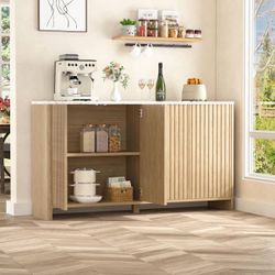 60.24 in. W Wood Color MDF Sideboard Buffet, Accent Storage Cabinet with Adjustable Shelves  This sideboard that combines practicality and aesthetics 