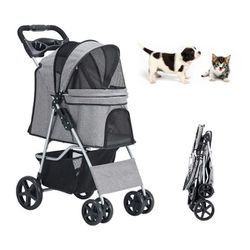 HoKing Pet Stroller 4 Wheel with Storage Basket and Cup Holder Foldable Lightweight