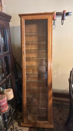 Tall Oak Wood Display Cabinet with Glass Door