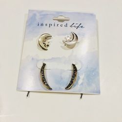 INSPIRED LIFE Silver Set Of 2 Moon Studded Earrings W/ Rhinestones NWT $25
