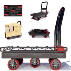 2IN1 Heavy Duty Platform Trucks Flatbed Carts, 42×26In 2000lbs Capacity Push Cart Dolly Hand Trucks w/Detachable Solid Steel Wire Fence, Collapsible C