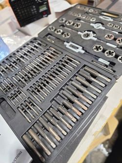 Tool kit is a 110-piece Metric Tap and Die Set