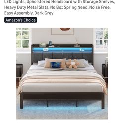 Rolanstar Bed Frame King Size with Charging Station and LED Lights, Upholstered Headboard with Storage Shelves, Heavy Duty Metal Slats, No Box Spring 