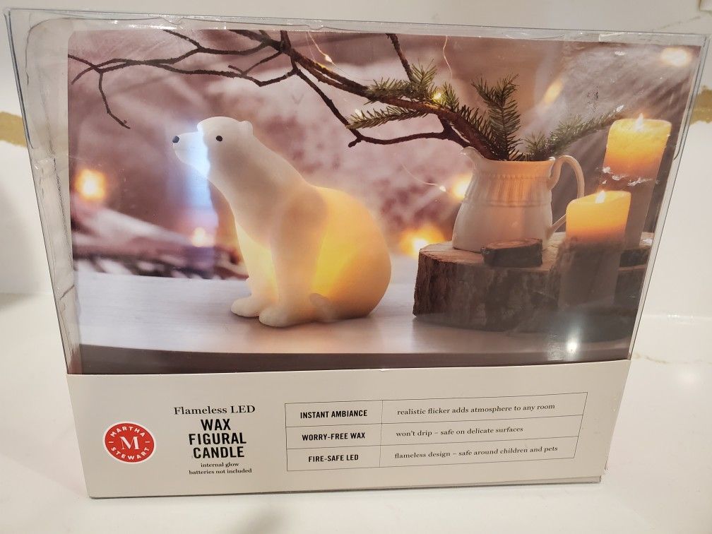 NEW NIB Martha Stewart Flameless LED Wax Figural Figure Candle Internal Glow Bear Home Office Decor