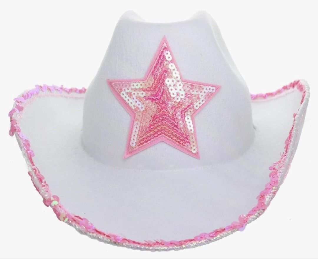 GiftExpress White Felt Cowgirl Hat with Pink Sequin Star, Country Themed Party Cowboy Dressup Play Costume Hat See Pick Up Info Below