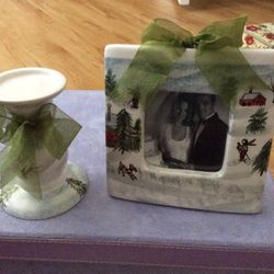 Winter Wonderland Ceramic Photo Frame And Candle Holder New