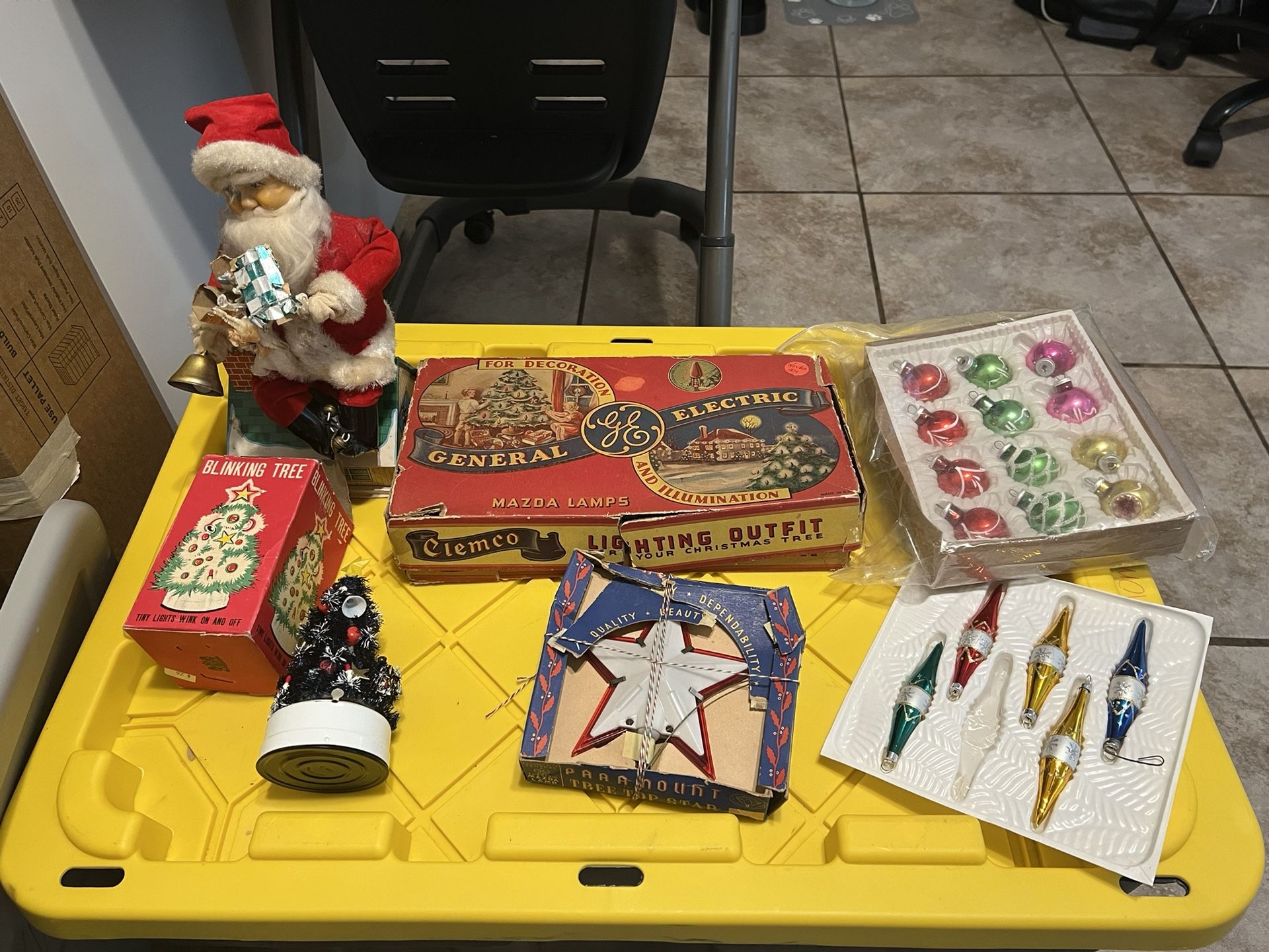 Vintage antique mid century modern MCM Christmas decor decorations Santa Mazda lamps lights star