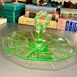 11” Uranium Green Octagon Tidbit Handled Serving Tray Plate Glass Depression Era