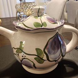 Vintage Portugal Ceramic Hand Painted Tea Kettle Scalloped Edge Colorado Diane Kuligowski Block Molde Table Art Collectible