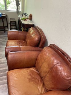 2 Brown Leather Upholstered Armchair w/ Nailhead Trim, Padded Seat, Arms