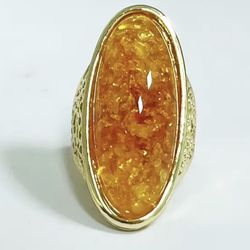 Large Oval Amber Gem on Gold Tone Ring Sz 9 new