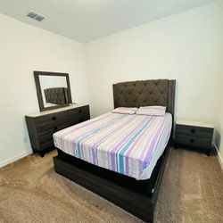 Modern Queen Bedroom Set – Tufted Headboard, Dresser with Mirror & Nightstand
