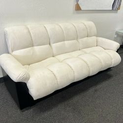 Sleeper Sofa In Beige Microfiber And Black Leather With Storage Underneath