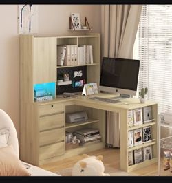 L Shaped Desk with Charger,Computer Desk with Drawers,Bookshelf,with LED Light,Modern Corner Desk,Ho