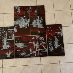 Vintage Mother of Pearl Inlay Lacquer  Panels.