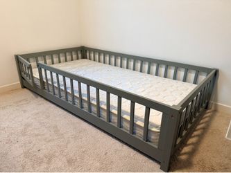 Floor level twin bed frame and mattress