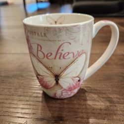 Christian Art Gifts "Believe" Coffee Mug 8oz Mug-Butterfly Blessings/Believe  (Mark 9:23)-Pink 