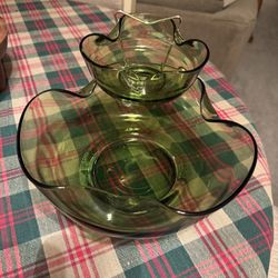 Vintage Green Anchor Hocking Chip And Dip Set 