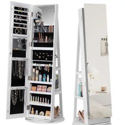 360 Swivel Jewelry Armoire Lockable Jewelry Cabinet Organizer with Full Length Mirror, White