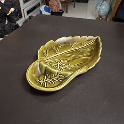 Moss Green Leaf Ceramic Platter Sectioned Serving Tray 13" X 7.5"