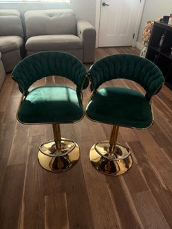 Green Velvet Tufted Bar Stools with Gold Base – Set of 2